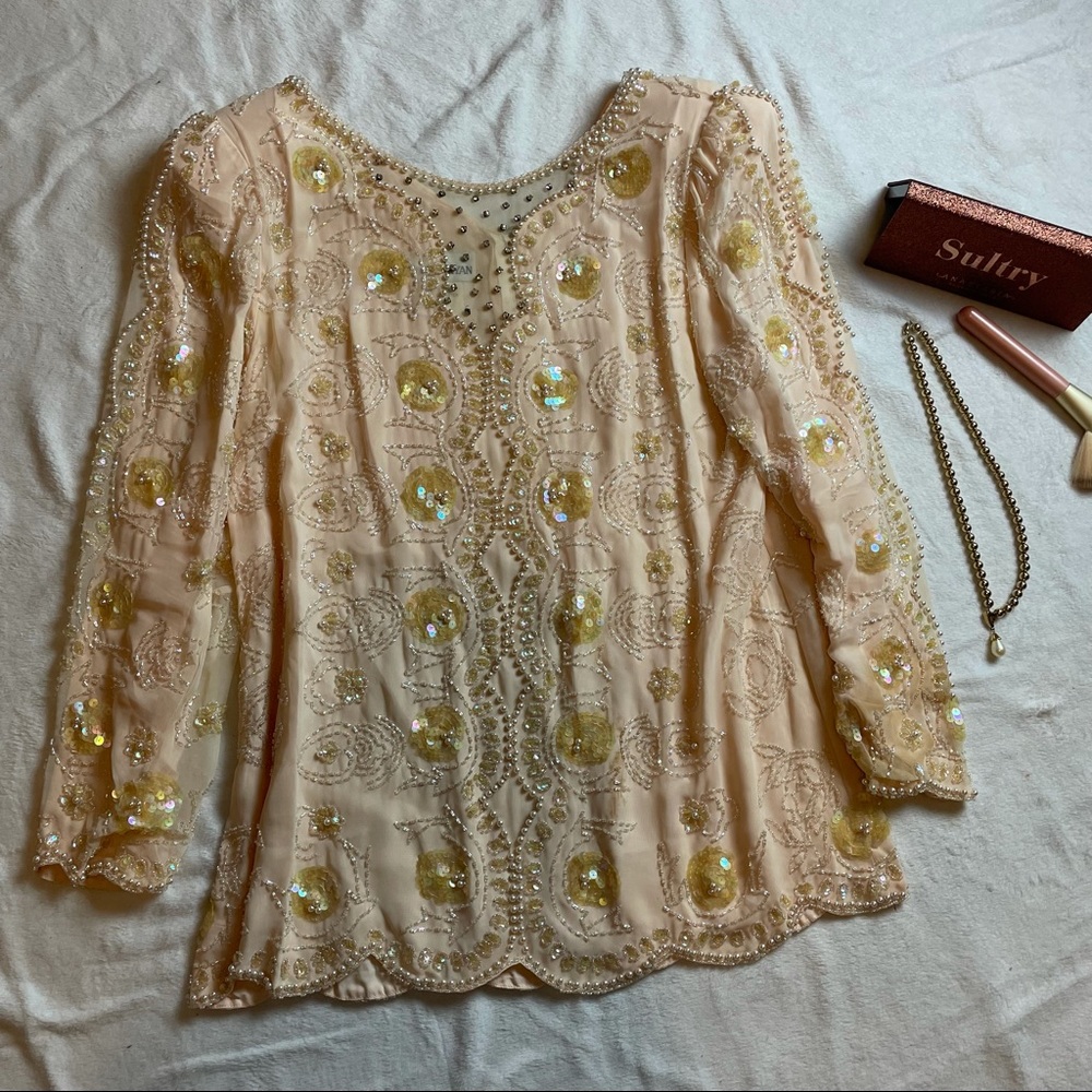 Beautiful Jack Bryan Sequin Beaded Authentic 80s Vintage Cream Beige Top Size 12